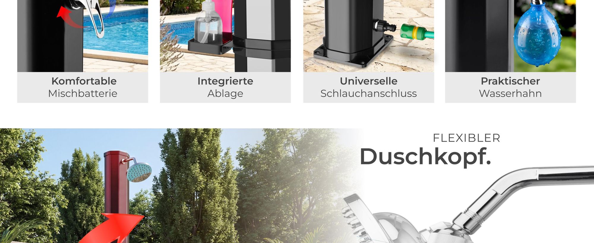 tectake® Solardusche Ofanto 35 Liter, mit Seifenablage extra Wasserhahn, inklusive Schutzhülle