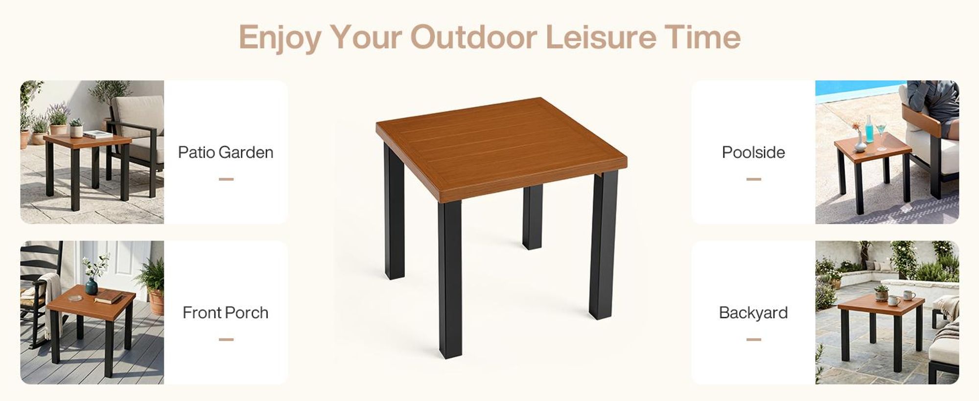 Tribesigns Beistelltisch Outdoor, wetterfester Balkontisch Gartentisch mit Tischplatte in Holzoptik und stabilen schwarzen Metallbeinen für Terrasse