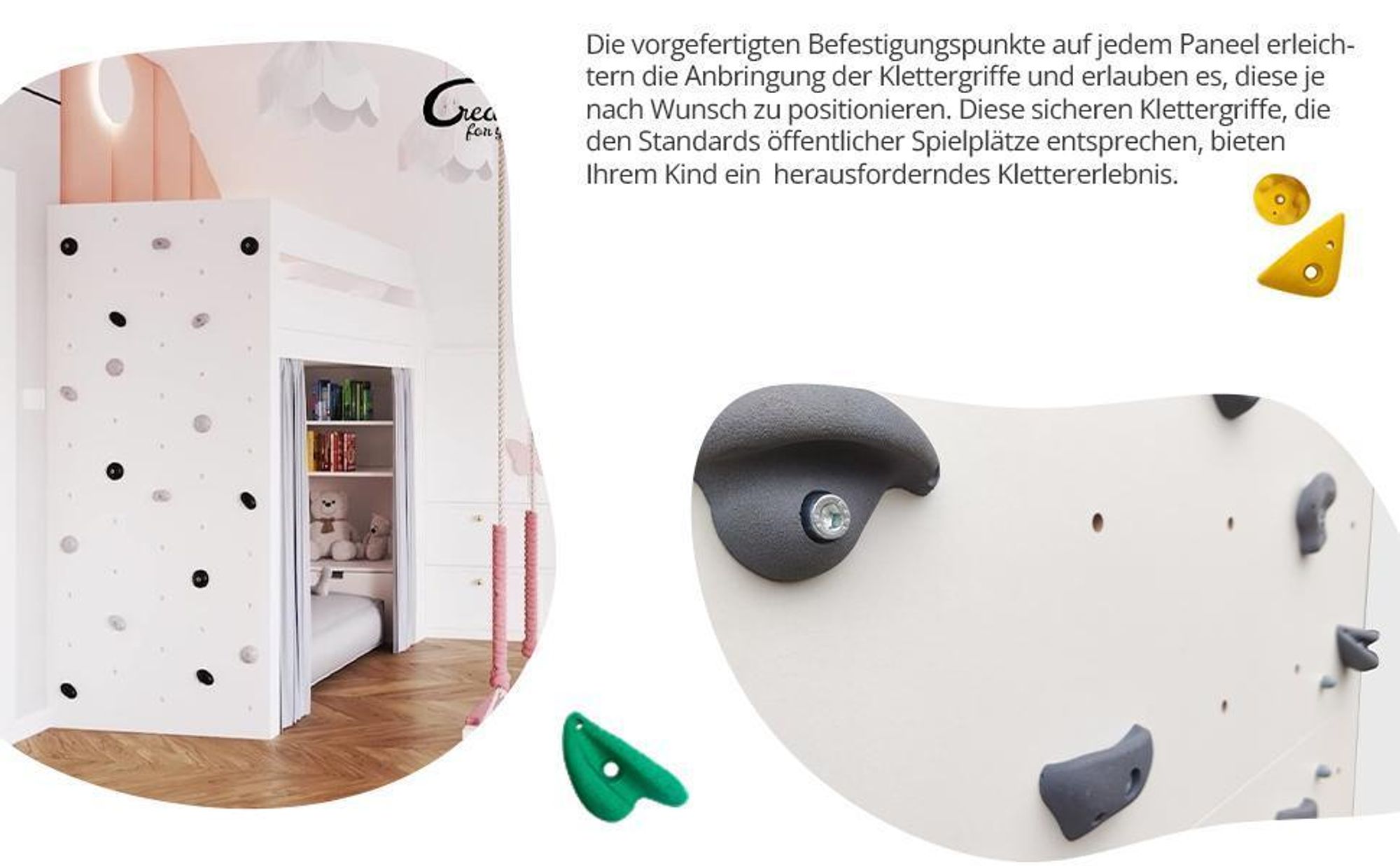 Create for you - Kletterwand, 6x Wandpaneel 150x200 cm, 30 Grauen Klettergriffen