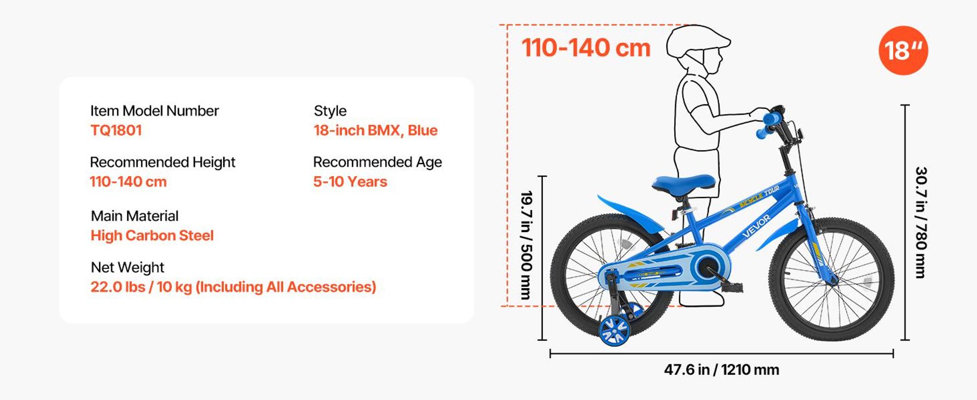 VEVOR Kinderfahrrad, 18 Zoll BMX-Stil-Fahrrad mit Stützrädern, empfohlene Kindergröße 110-140 cm, robust & einfach zu montieren, Kleinkinderfahrrad für Jungen & Mädchen zum Fahrradlernen, blau
