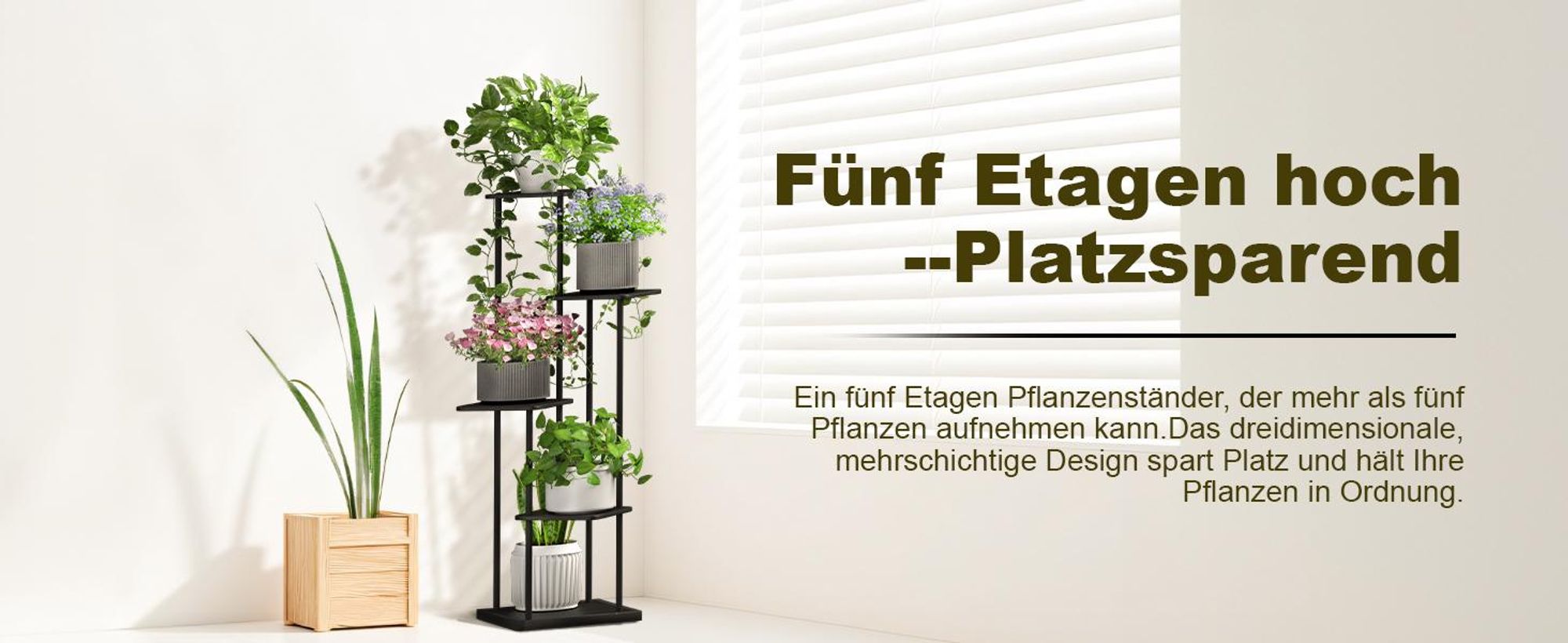 Ribelli Pflanzentreppe 5 Etagen Pflanzenständer, Blumenständer 106cm Höhe Blumenregal aus Holz und Metall, Deko für Balkon Garten Wohnzimmer, Schwarz