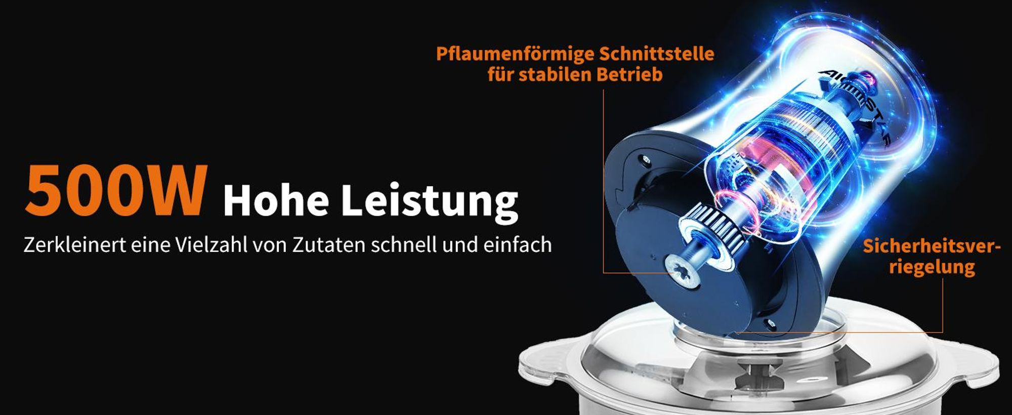 Aigostar Fleischwolf Zerkleinerer küche elektrisch, Multizerkleinerer für Fleisch, 500W, 2 Geschwindigkeiten, 4 Edelstahlklingen