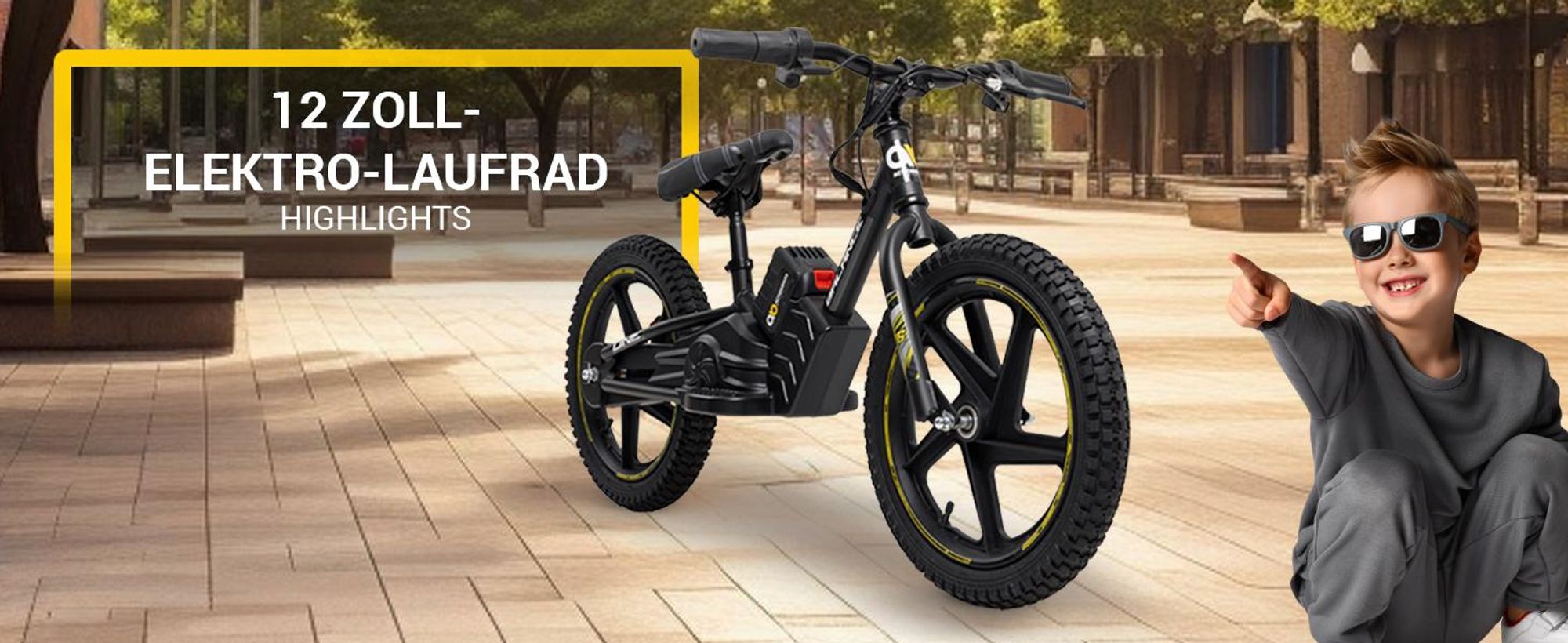 Actionbikes Motors Kinder Balance Bike 12 Zoll | Elektrofahrrad - Elektrofahrzeug - Fahrrad - 250 Watt - Scheibenbremsen - ab 3 Jahren (Schwarz/Gelb)