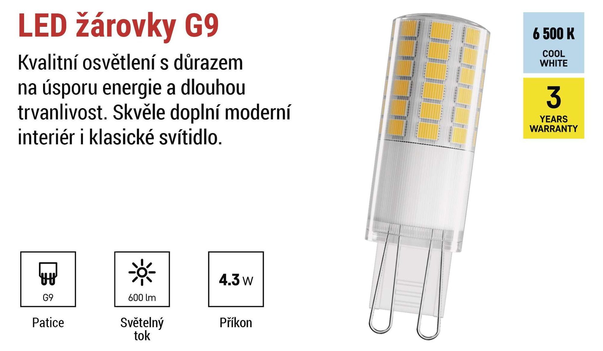 EMOS G9 LED žárovka CLASSIC 4,3 W, nahrazuje 48wattovou halogenovou žárovku, patice G9 JC s jasem 600 lm, teplá bílá 3000 K, dlouhá životnost, ZQ9D32