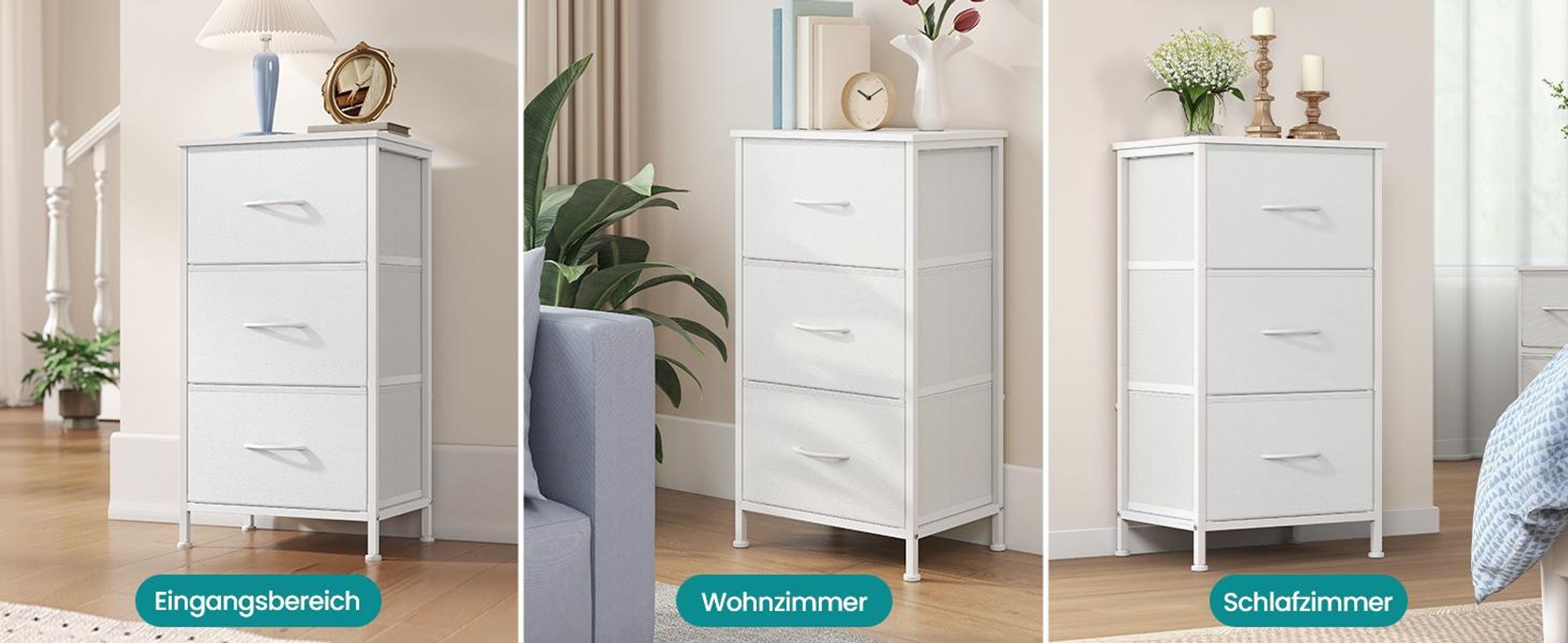 SONGMICS Kommode, Schrank, 3 Stoffschubladen, für Schlafzimmer, Flur, Wohnzimmer, weiß