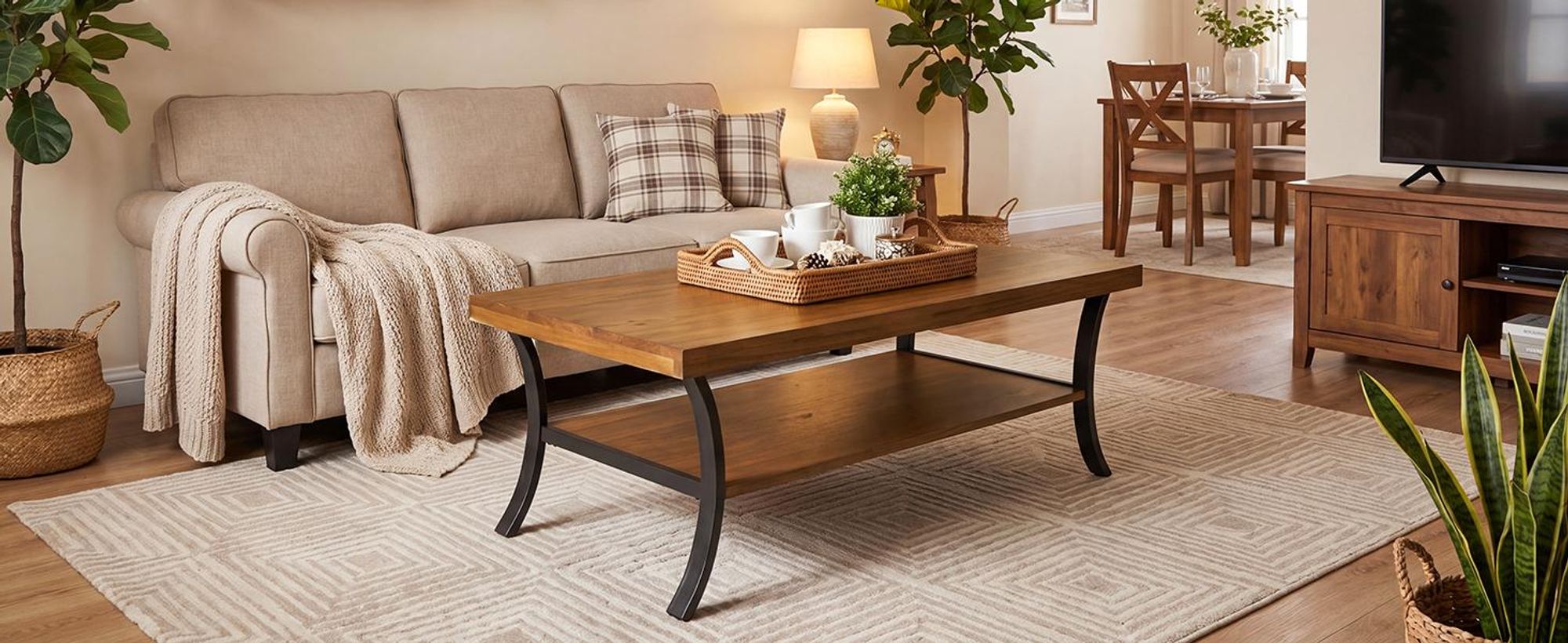 Massivholz Couchtisch, 120 cm Wohnzimmertisch 2 Ebenen, Kaffeetisch mit gebogenen Metallbeinen, rustikaler Sofatisch für Wohnzimmer, Homeoffice