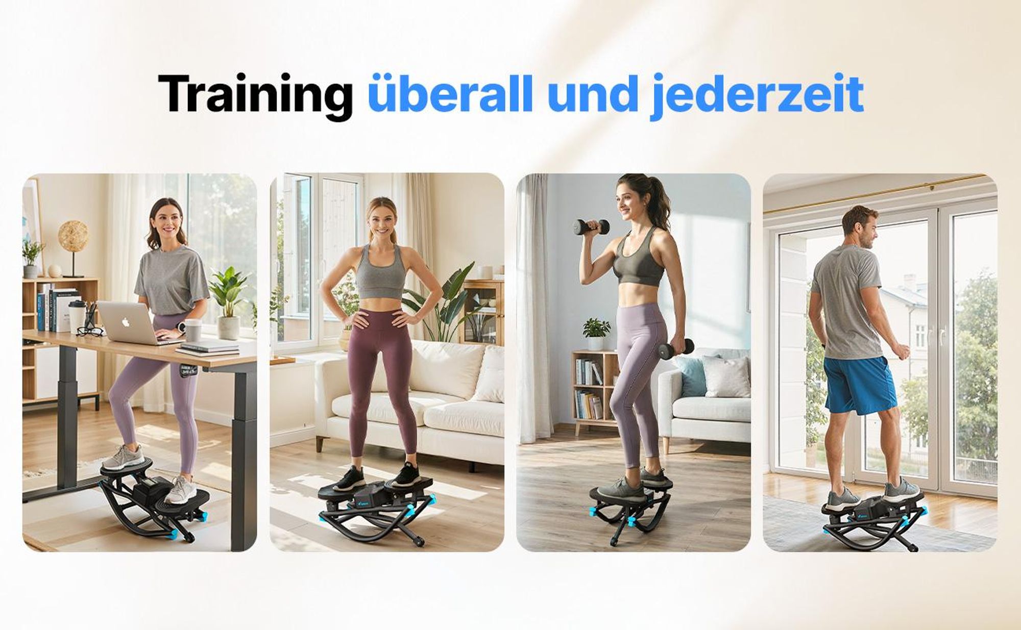 Stepper für Zuhause mit Power Ropes, 3D-Seitbewegung, LCD-Display, rutschfesten Pedalen, bis 150 kg, Merach, Schwarz-Blau