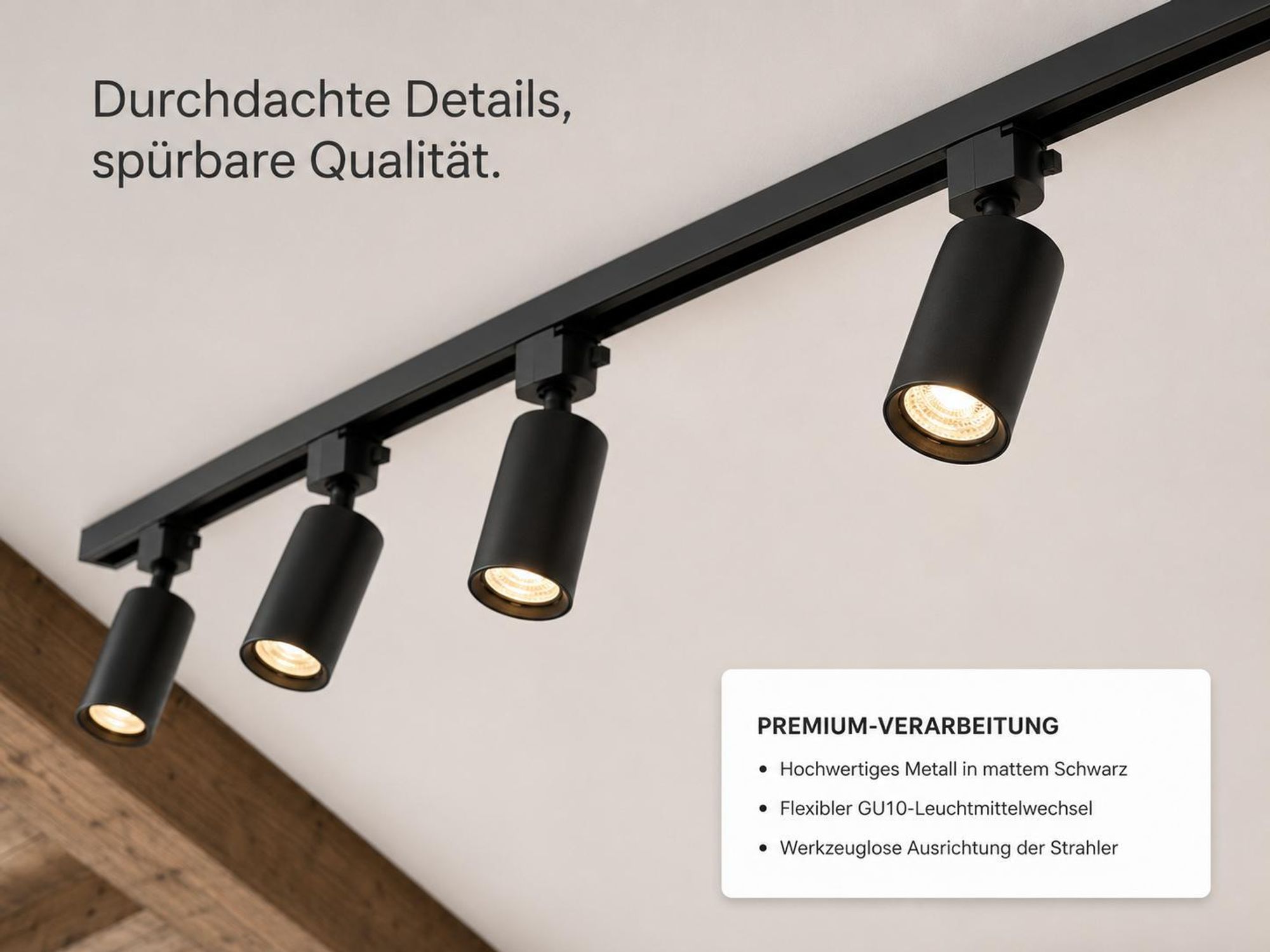 LED Deckenstrahler Schwarz 4 Flammig Spots Decke 1.5m Schienensystem Set Deckenlampe Deckenspot Schwenkbar inkl. 4x GU10 Leuchtmittel