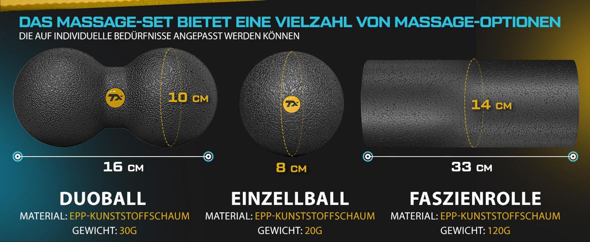 TREX SPORT Faszienrolle Massageball 3er Set TX-035EPS | EPP Massagerolle, Massagebälle | Triggerpunkt, Rückenmassage, Selbstmassage, mit Tragetasche