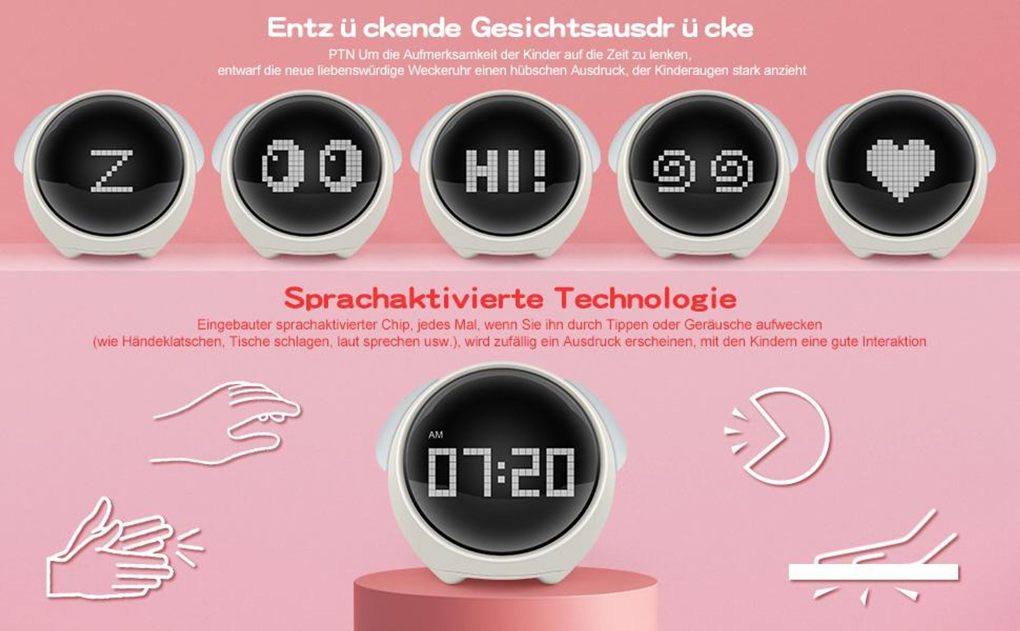 Digitaler Wecker, Kinderwecker, Kinderuhr, Netter Emoji, 2 Wecker mitbringen, 5 Stimmen, Schlummerfunktion, Datum, Temperatur, 12/24 Stunden