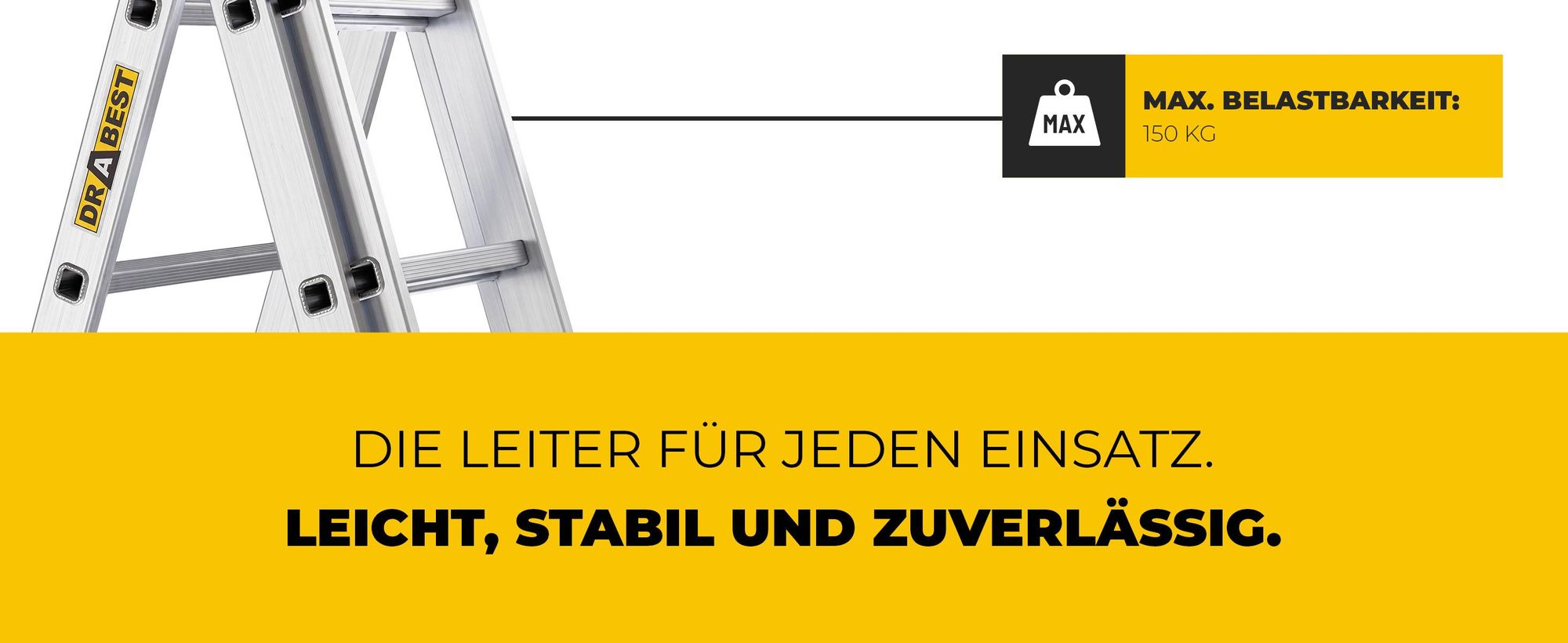 Drabest | Aluminium-Leiter - 3x11 Sprossen, Multifunktional, Steh- & Anlegeleiter, Arbeitshöhe 6,55 m, Stabiler Stabilisator, bis zu 150 kg