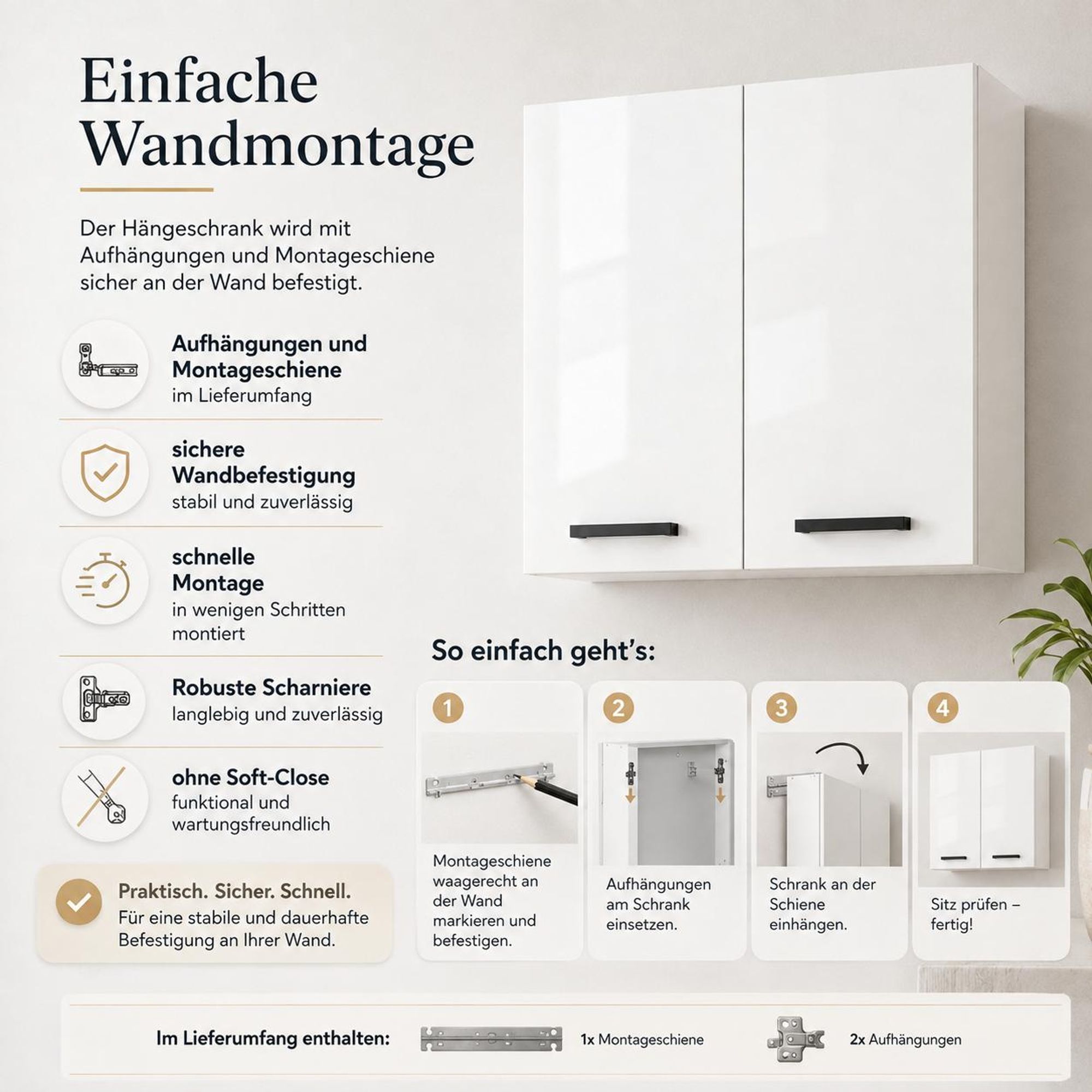 Anleitung Wandmontage Hängeschrank 60 cm Weiß Hochglanz mit Montageschiene.