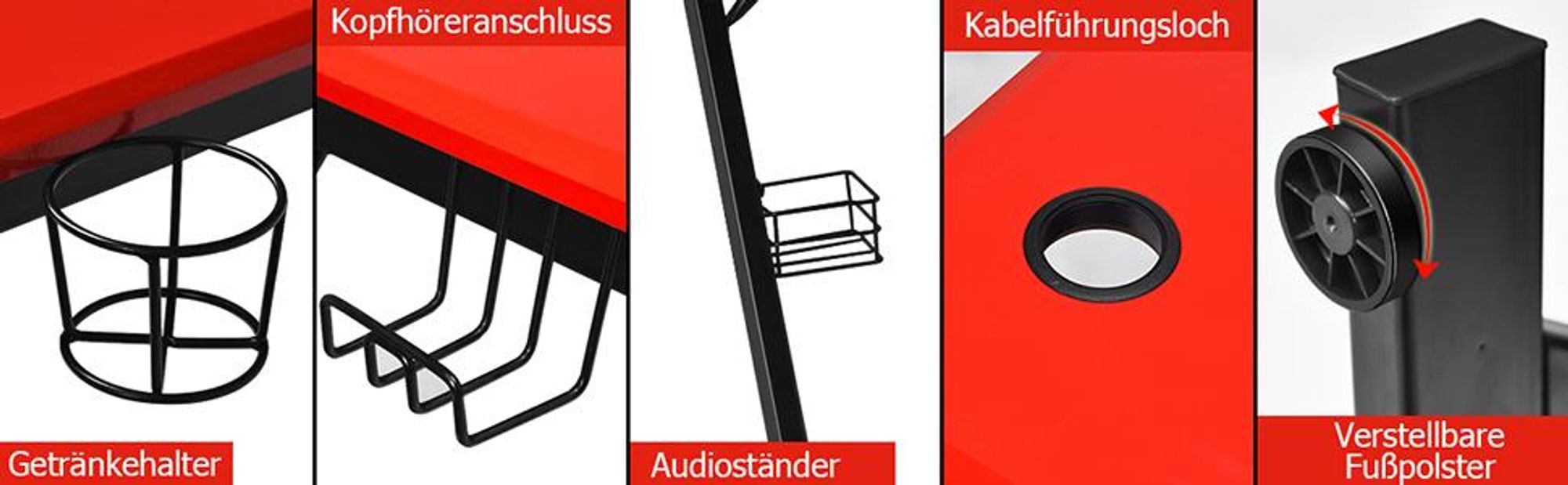 COSTWAY Z-förmige Gaming Tisch, Computertisch, PC Tisch mit Becherhalter, Kopfhörerhaken & Boxenständern, Schreibtisch 120x60x77cm, rot schwarz