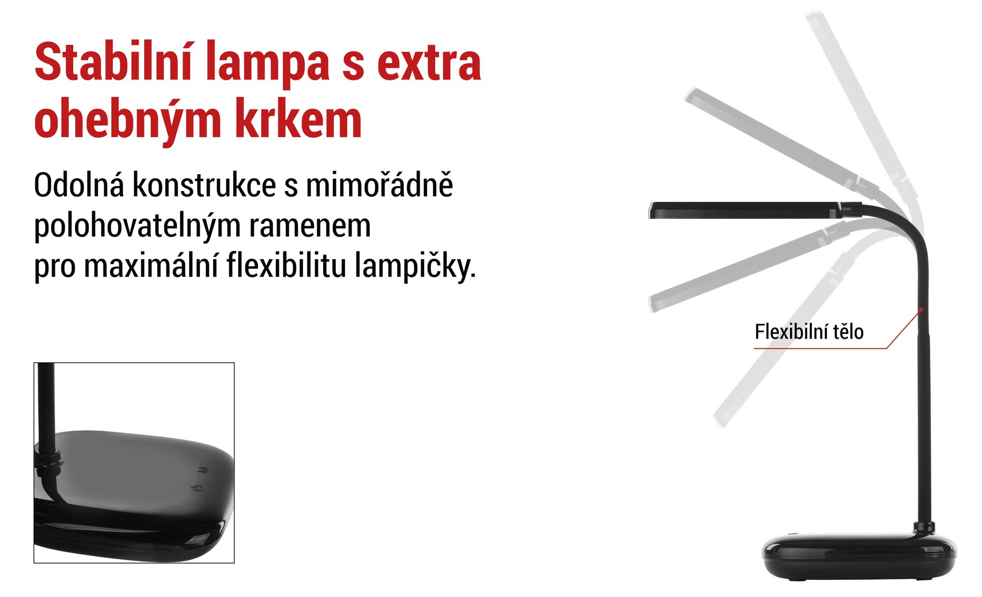 EMOS LED stolní lampa MOLLY 12W, jas 650lm, stmívatelná, nast. barva světla, flexibilní rameno lampy, 1,5m kabel + adaptér, černá, Z7638B