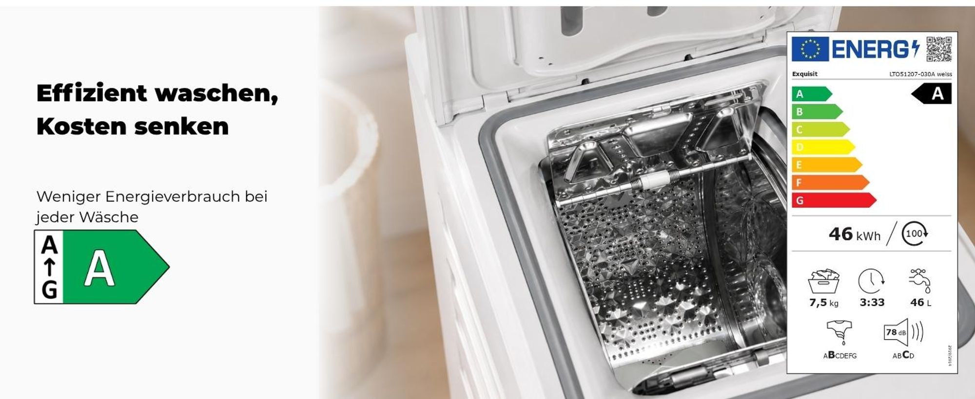 Exquisit Waschmaschine 7,5kg, Toplader, Waschmaschine schmal, Energieklasse A, 1200 U/Min, Startzeitvorwahl, Kurzprogramm, LTO51207-030A weiss
