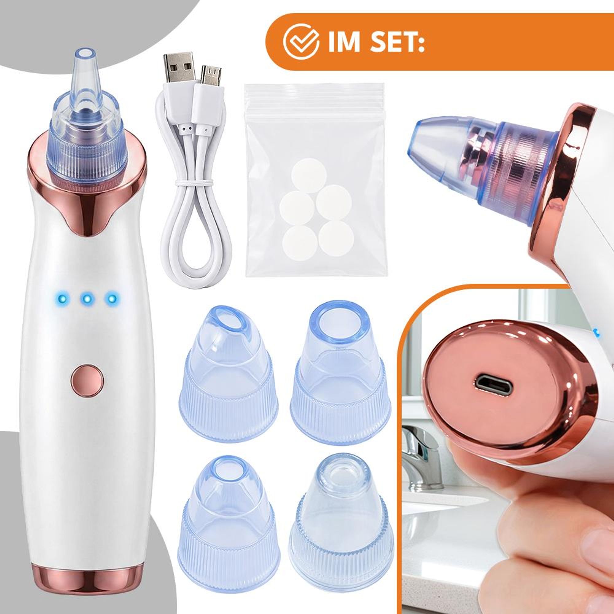 KRUMAD Mitesser Sauger 3 Stufen, Porensauger mit LED Display, 5 Aufsätze, Porenreiniger Gesicht, Mitesser Entferner, Hautreinigung Gerät