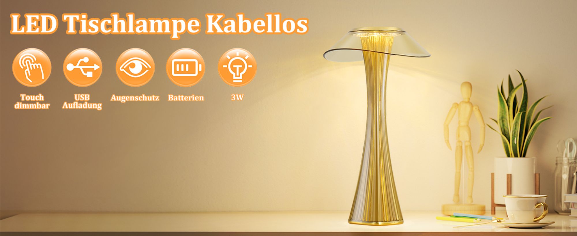 ZMH LED Tischlampe Touch Dimmbar 3000-6500K Gold Nachttischlampe mit Akku Innen und Aussen Beleuchtung Tagbare Tischleuchte Aufladen Leseleuchte mit USB für Schlafzimmer Wohnzimmer Restaurant Hotel