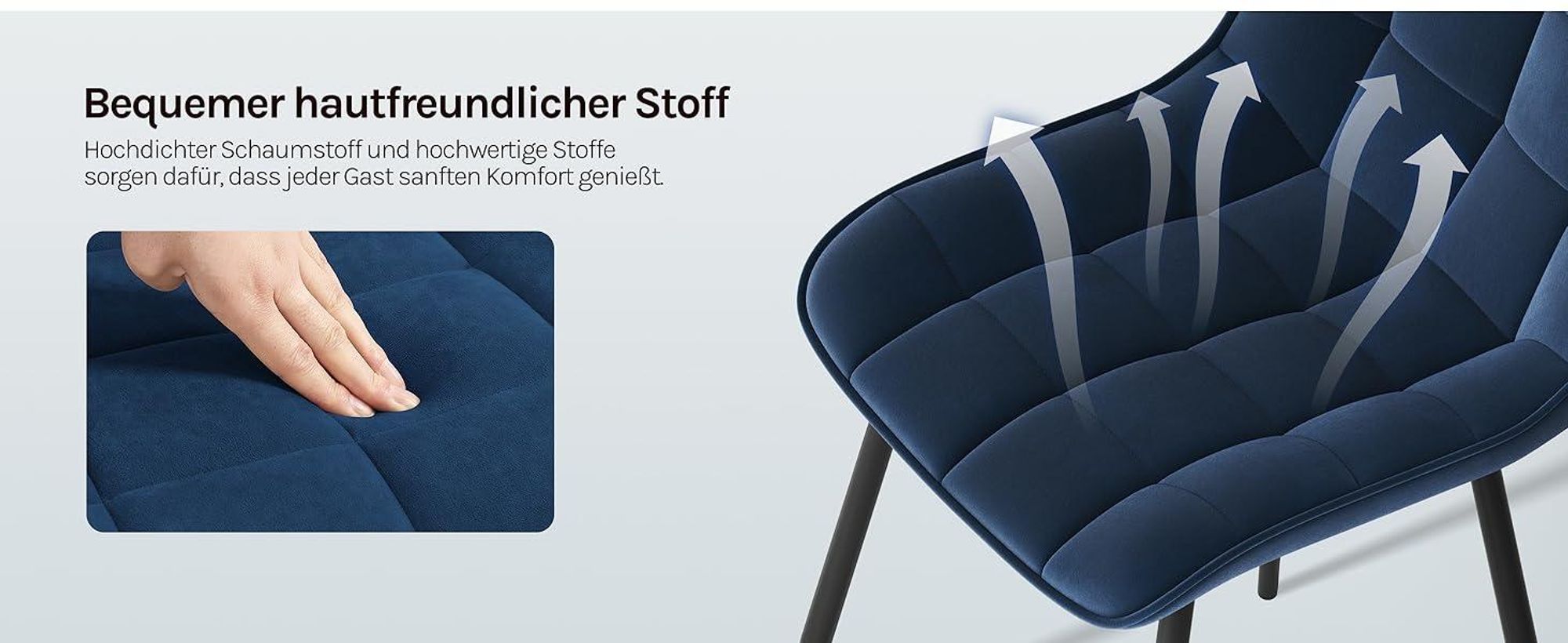 WOLTU Esszimmerstühle 2er-Set, Polsterstuhl mit Rückenlehne, bis 150 kg belastbar, Sitzfläche aus Samt, Metallbeine, Blau