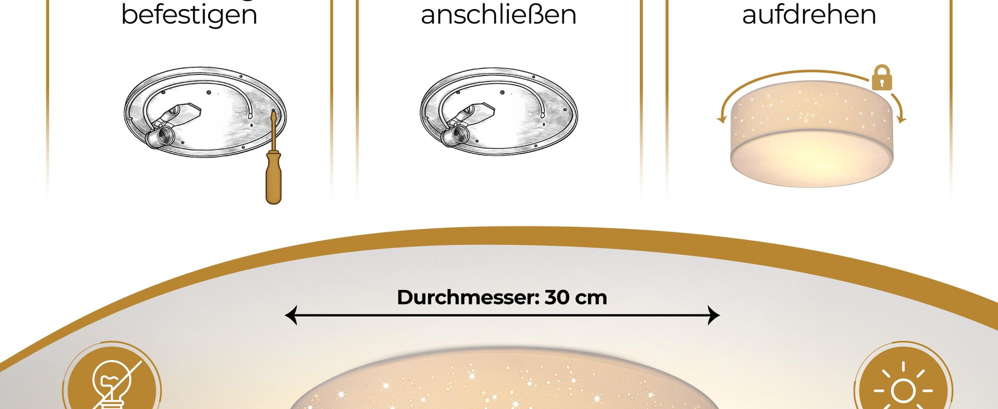 MONZANA® Deckenlampe Sternenhimmel Wohnzimmer Schlafzimmer E27 Weiß Rund 30cm Stoffschirm 1-Flammig 40W Küche Lampe Deckenleuchte Stoffdeckenlampe