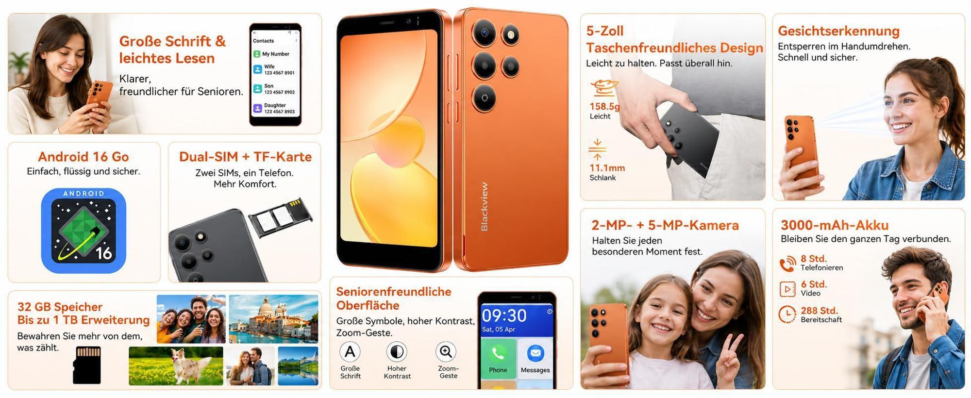2026 Oscal Wave 2C 5" ultraleicht Handy Ohne Vertrag incl 18W charge, Android 16, 12+32GB, Face ID, Dual SIM, 1080P, Free TPU Protective Case
