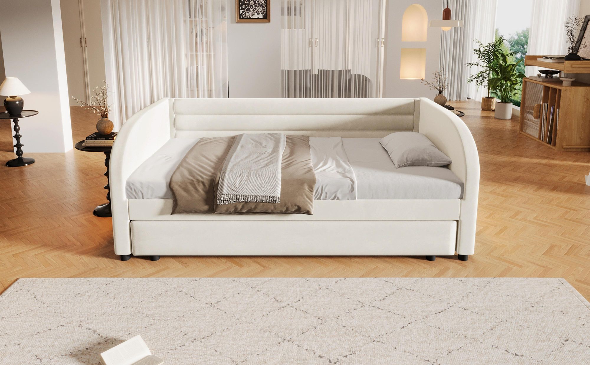 Merax Tagesbett 90x200 cm Polsterbett mit hydraulischem Stauraum, LED-Beleuchtung, Daybett mit Bettkasten, Kinderbett, Flanell Jugendbett, Beige