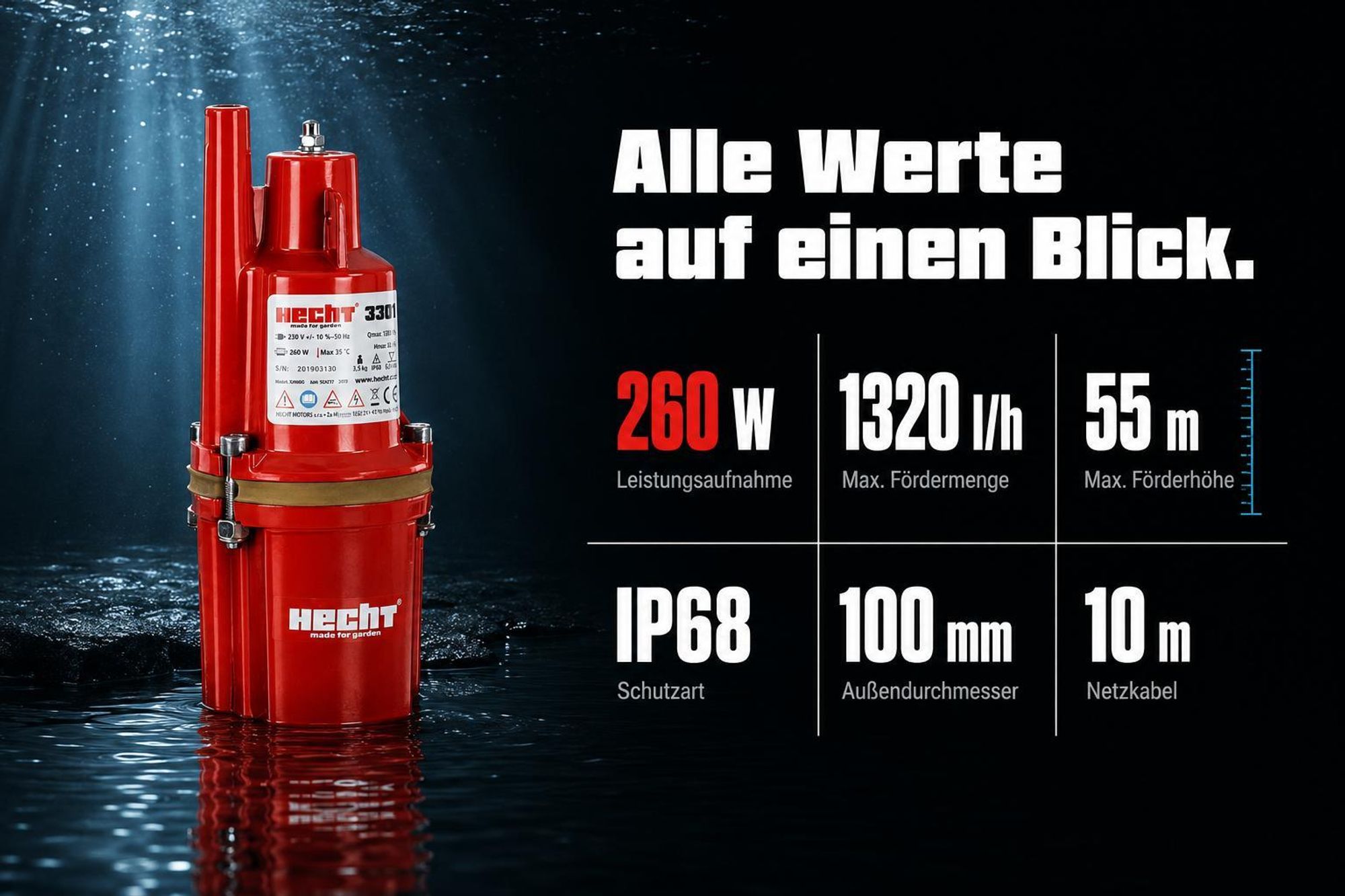 HECHT 3301 Membranpumpe Brunnenpumpe | 300 W | 1400 l/h | DN 100 | 100 mm Außendurchmesser