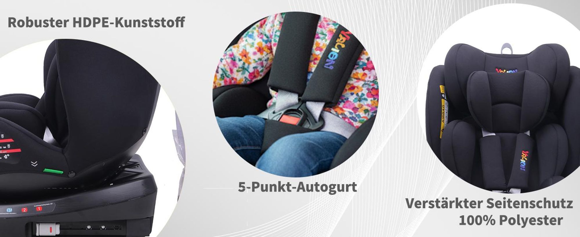 YALION 360° drehbarer Autokindersitz, Sitzerhöhung für Kinder von 40 cm bis 150 cm, 0-12 Jahre, mit 5-Punkt-Gurt und Top Tether, ECE R129/03 - Grau