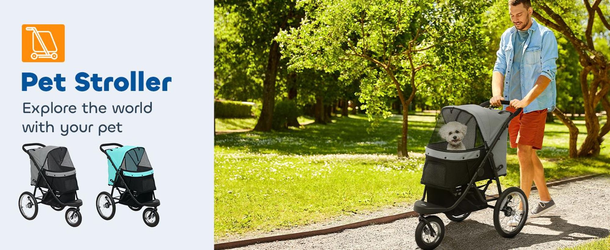 Wózek dla psa PawHut Jogger Dog Buggy składany dla małych psów i kotów do 10 kg, z 3 dużymi gumowymi kołami, poduszką, siateczką, koszem do przechowywania, wózkiem dla kota ze smyczami bezpieczeństwa, szary