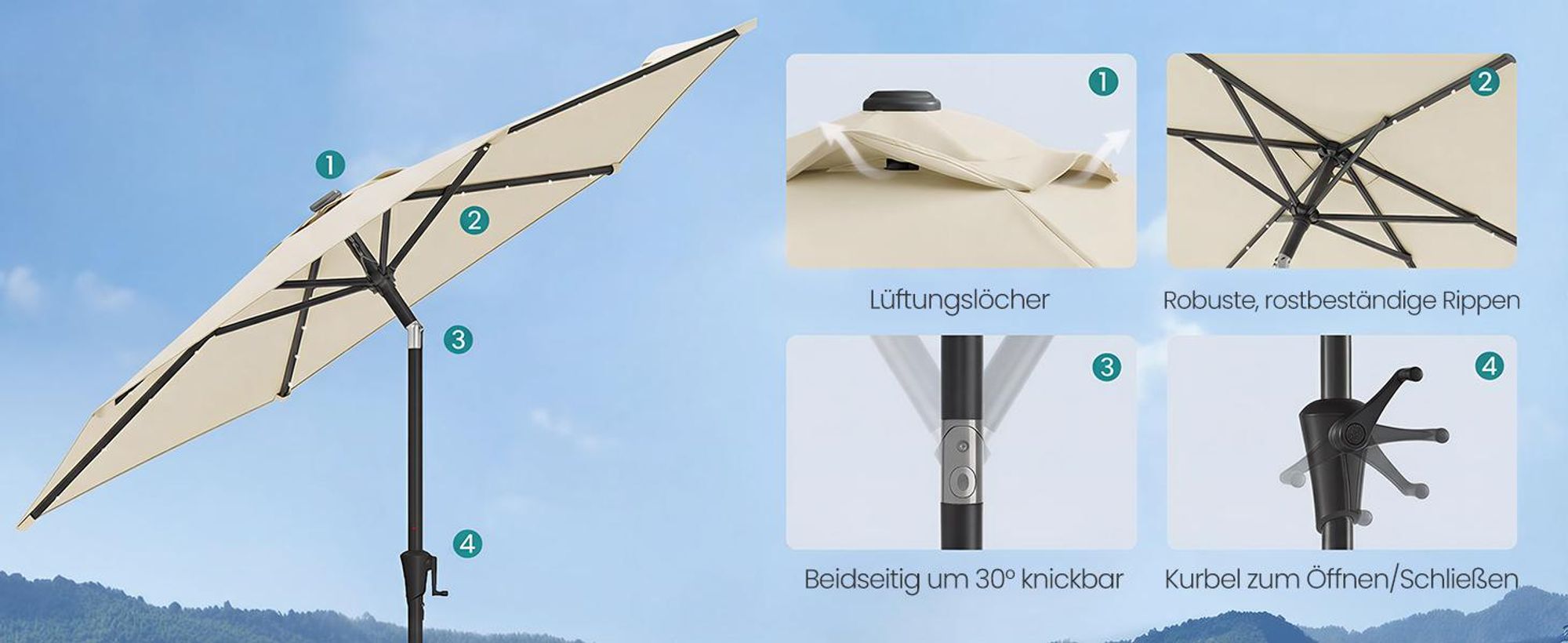 SONGMICS Sonnenschirm Ø 270 cm mit 32 LED-Lämpchen UV-Schutz