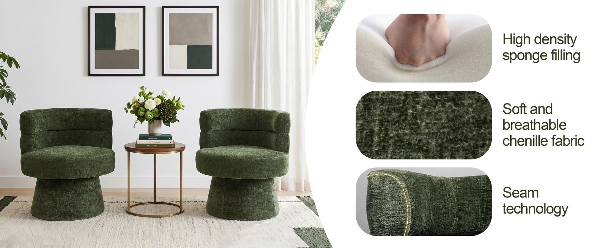 Duhome – nowoczesny fotel obrotowy z tkaniny szenilowej, fotel tapicerowany z możliwością obrotu o 360°, fotel koktajlowy do salonu, sypialni lub gabinetu, kolor zielony