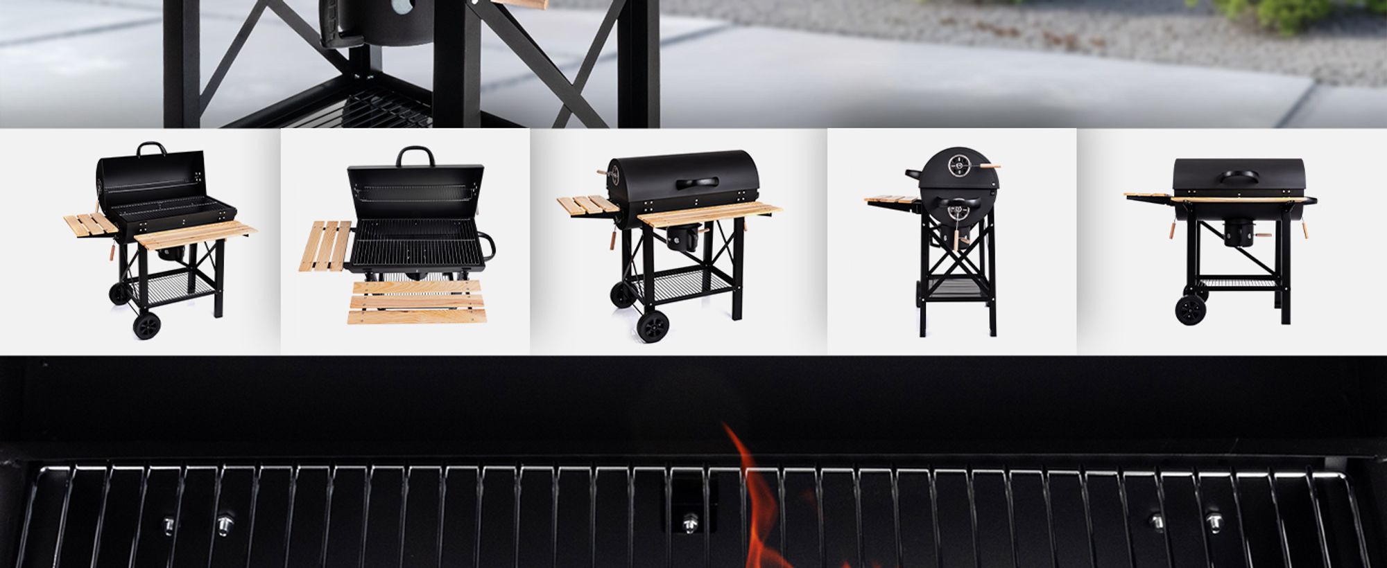 Lehmann Holzkohlengrill mit Grillrost, 2 Holzeinlegeböden, Deckel und Rädern