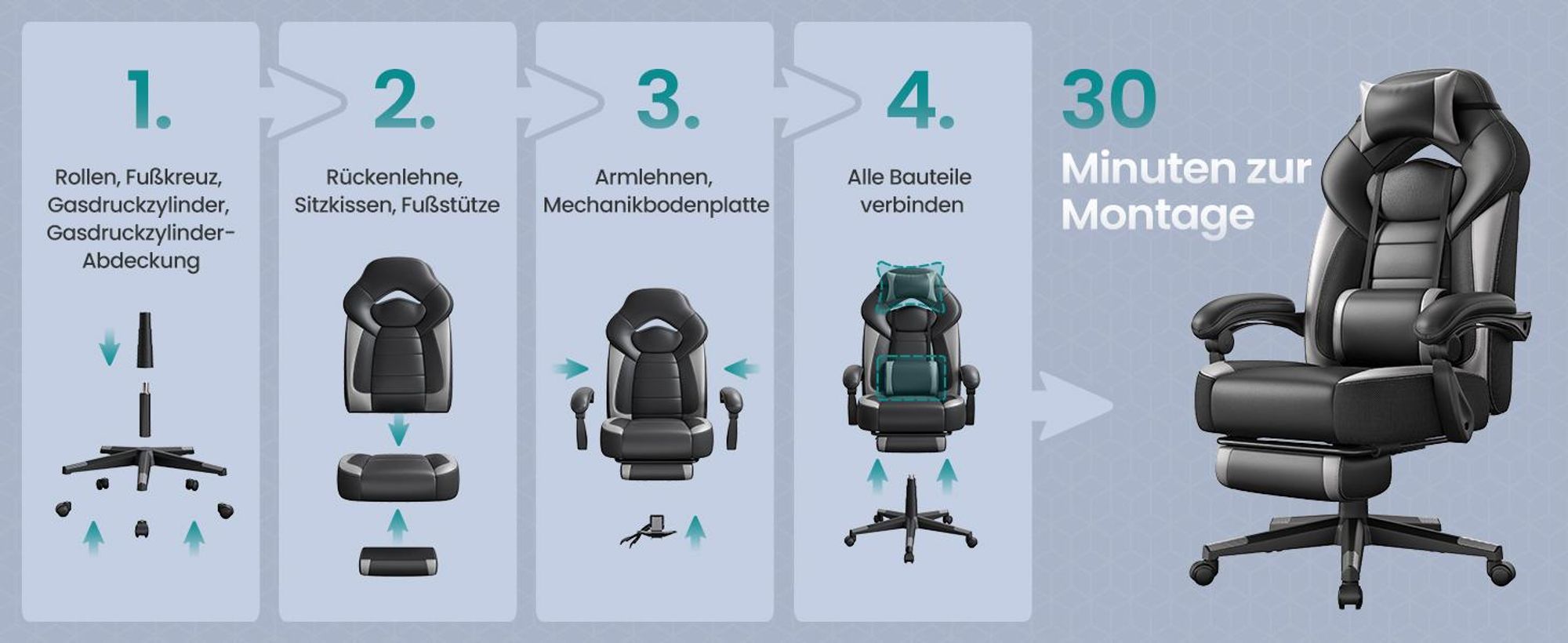 SONGMICS Gaming-Stuhl, Bürostuhl, höhenverstellbar, Grau