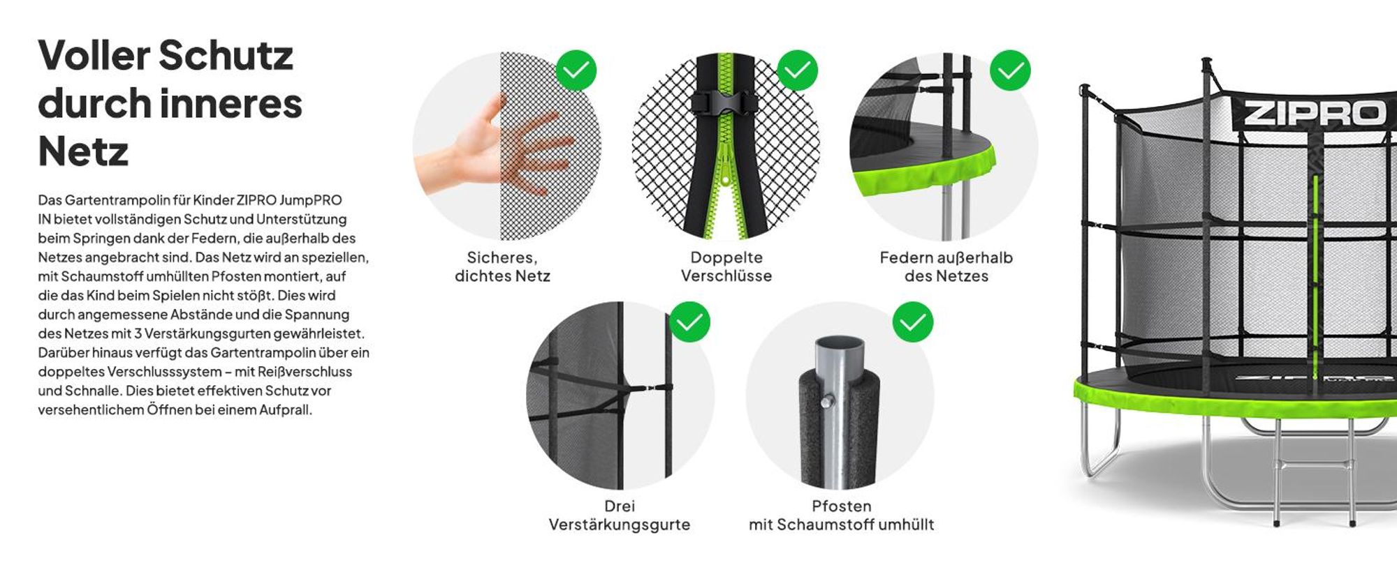 ZIPRO Trampolin Jump Pro IN | 8FT Ø 252 cm | Gartentrampolin Kindertrampolin Komplett-Set inkl. Innennetz, Leiter & Randabdeckung, Outdoor, Grün