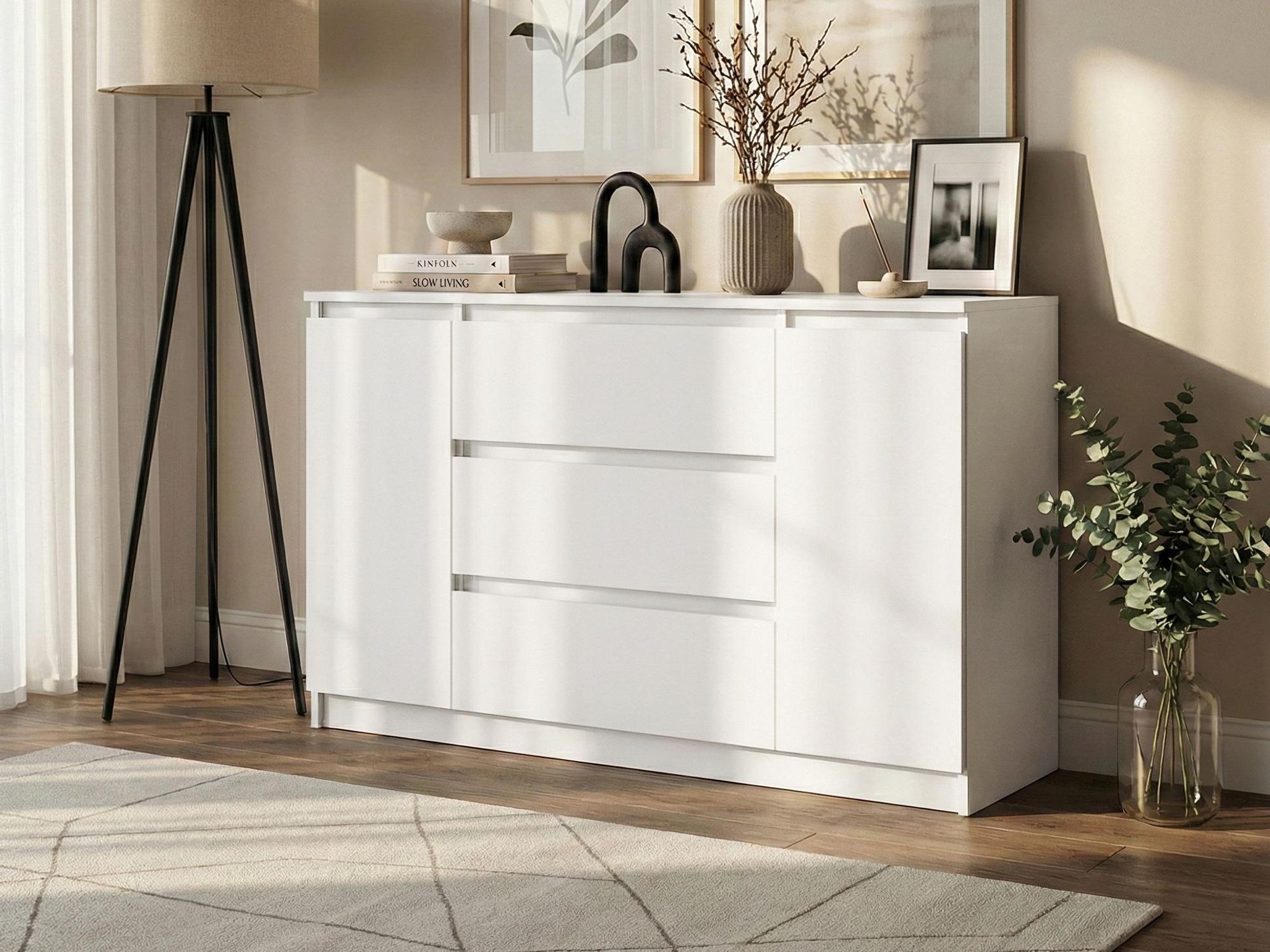 BEAUTYSOFA | Kommode LEMON 120 cm Weiß, Sideboard mit 3 Schubladen und 2 Türen, Modernes Aufbewahrungsmöbel für Schlafzimmer, Wohnzimmer und Flur