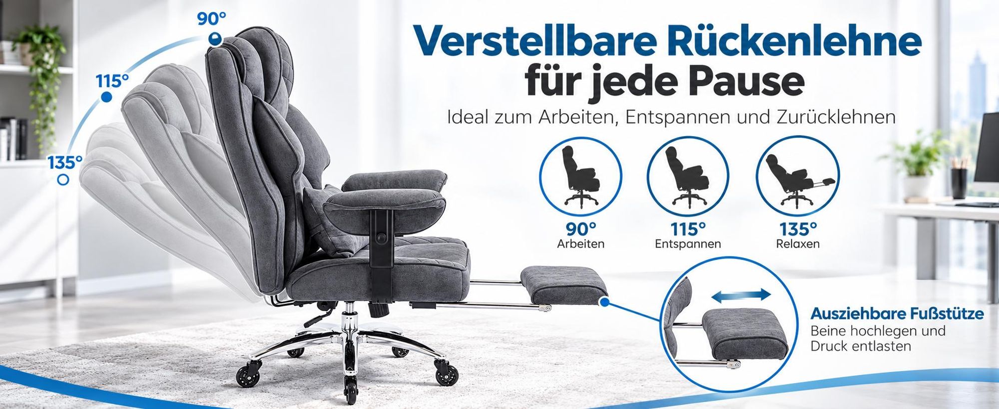 Verstellbare Rückenlehne 90/115/135 Grad, ausziehbare Fußstütze, zum Arbeiten und Entspannen