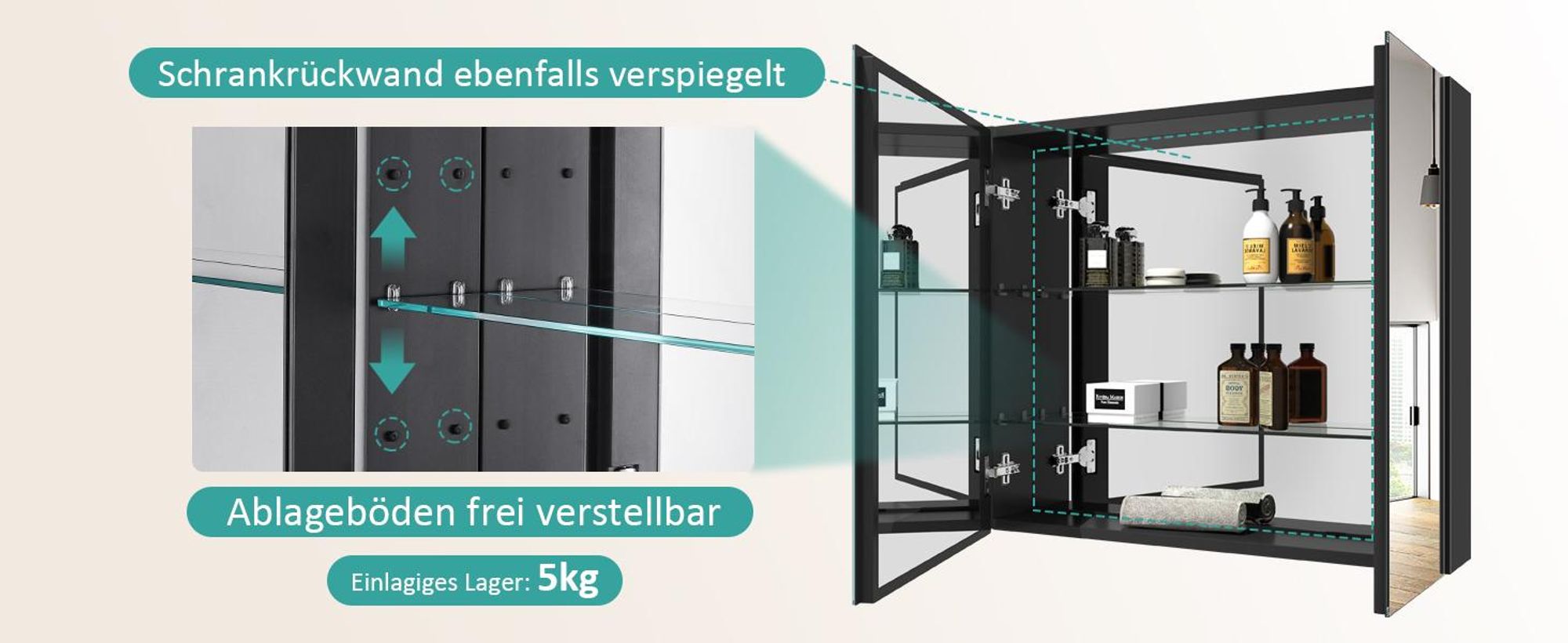 EMKE Spiegelschrank Bad 75x65cm, Rostfreier Aluminium Badezimmerschrank mit 2 Türen, Wandmontage Horizontal, Soft-Close Scharniere, Schwarz