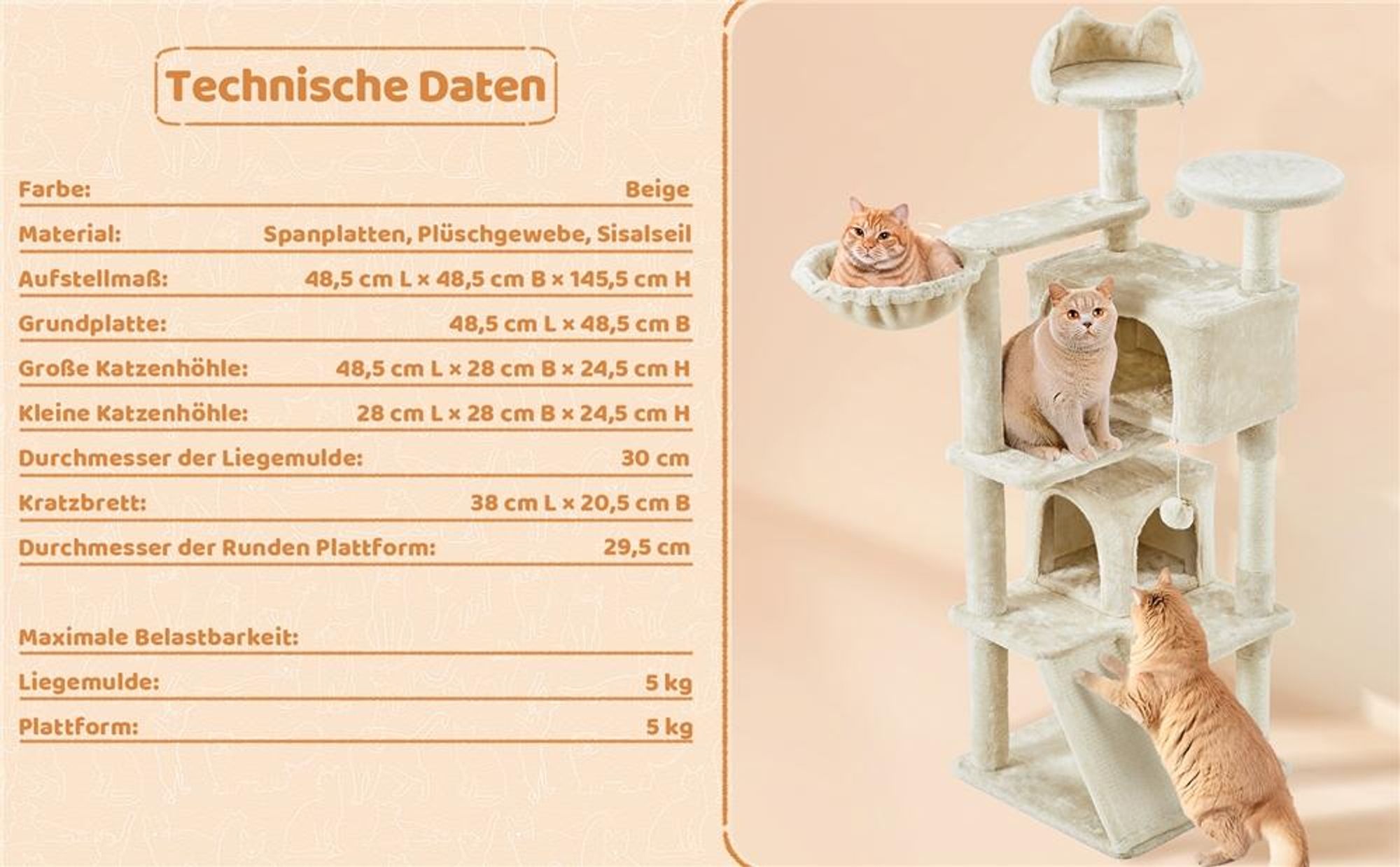 Yaheetech Kratzbaum 146 cm Katzenbaum mit 2 Katzenhöhlen & 3 Aussichtsplattformen, Beige