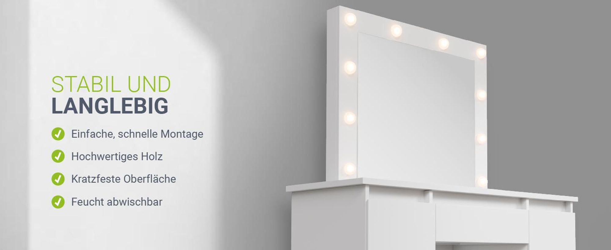 Juskys Schminktisch Talea mit LED, 7 Schubladen & großem Spiegel – Weiß