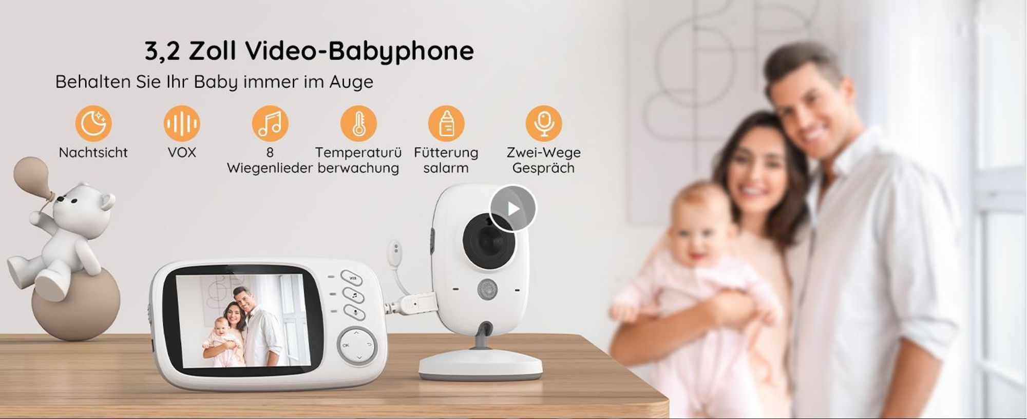 3,2 Zoll Babyphone mit 2 Kameras Babyfon mit Kamera Video Baby Monitor, Kamera und Audio Babyphone mit VOX Funktion Gegensprechfunktion Nachtsicht
