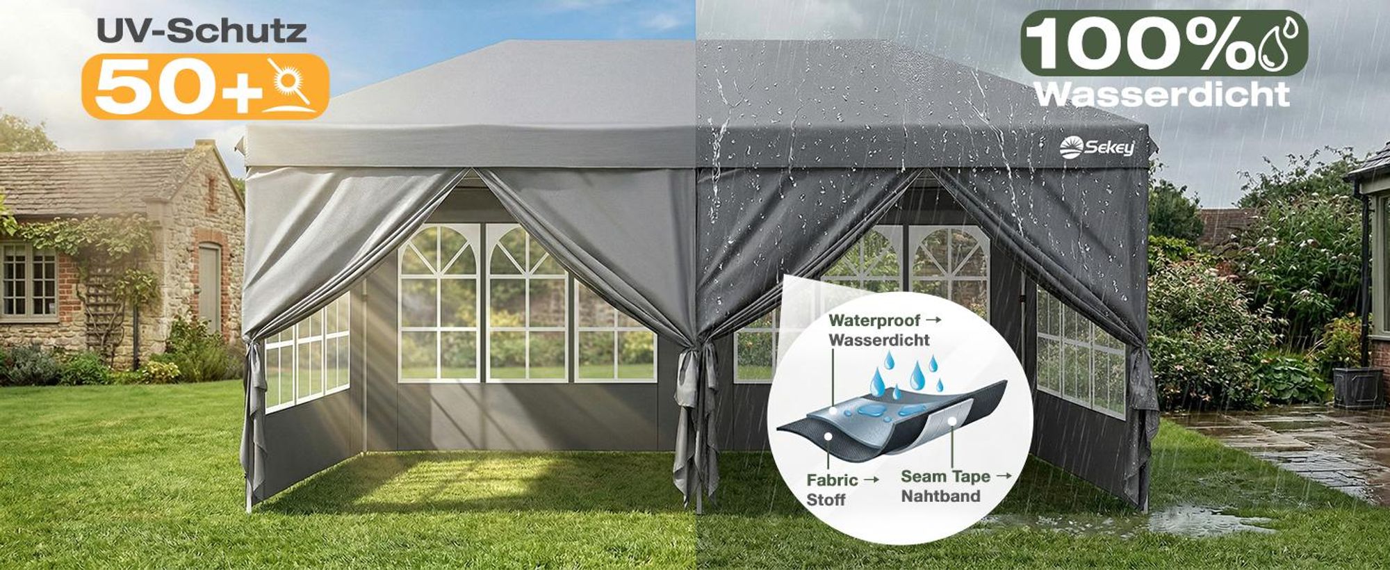 Sekey Faltpavillon 3x6 m wasserdicht UV50+ Gartenpavillon Partyzelt mit 6 Seitenteilen höhenverstellbar, Grau