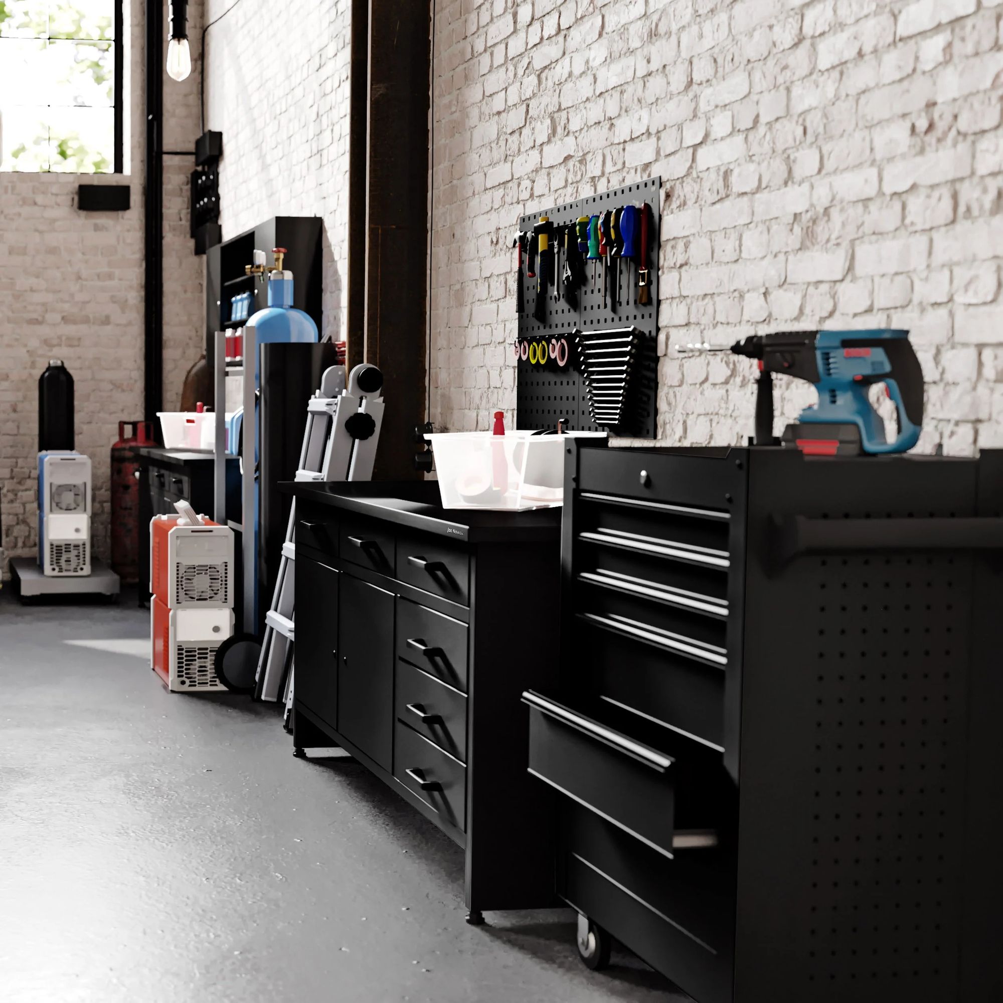 Werkbank mit Arbeitsplatte Werktisch mit 6 Schubladen 2 Schließfächer Verstellbare Füße MDF-Arbeitsplatte Belastbar bis 500 kg Metall 170 cm x 60 cm x 85 cm Farbe: Schwarz