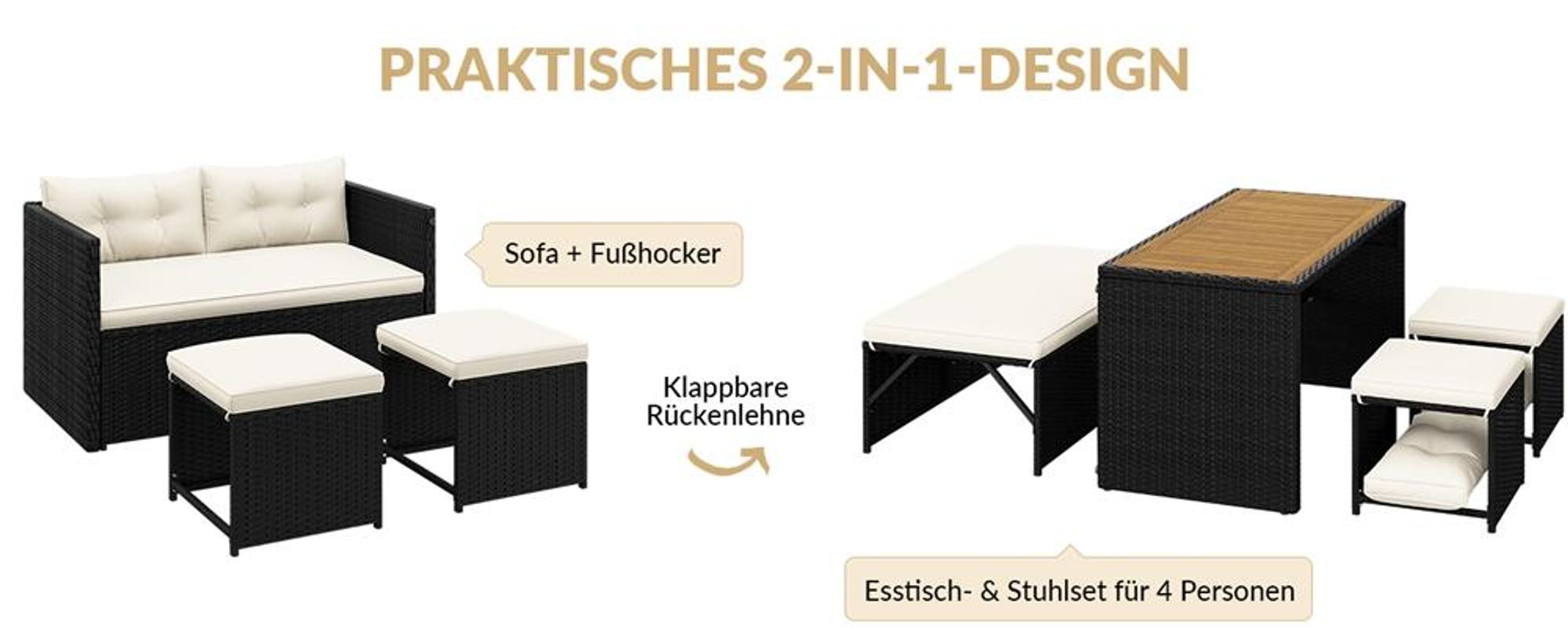 Yaheetech 2-in-1 Gartenmöbel Set aus Polyrattan, inkl. Sofa Tisch Hocker, modulare Sitzgruppe für Gartenlounge, Schwarz & Beige