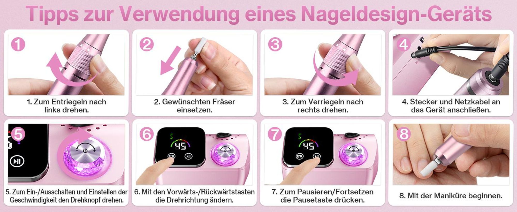 Nagelfräser, Elektrischer Nagelfeile, Nagelbohrer Set, 45000 U/min, Maniküre Pediküre Set mit LCD-Anzeige, für Gelnägel Nagellack Acrylnägel