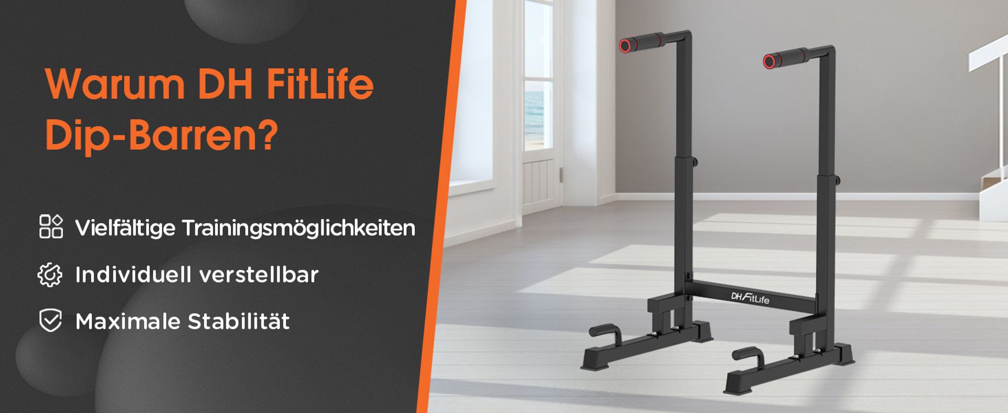 DH FitLife Dip Barren Dipständer 9-fach verstellbar (100-130cm) - Kraftstation für Zuhause, Calisthenics & Krafttraining Parallettes