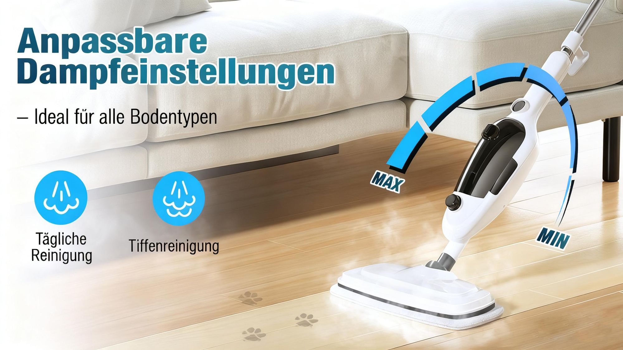 11 in 1 Dampfreiniger - 15s Aufheizung, 140°C Heißdampf, Drehbarer Kopf, Höhenverstellbar, mit 2 Wischpads für Glas, Auto, Küche, Bad, Boden, Fenster