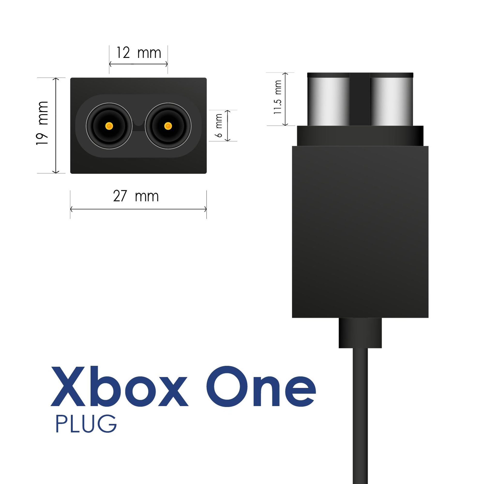 Xbox One Netzteilstecker mit Abmessungen von 27 × 19 mm