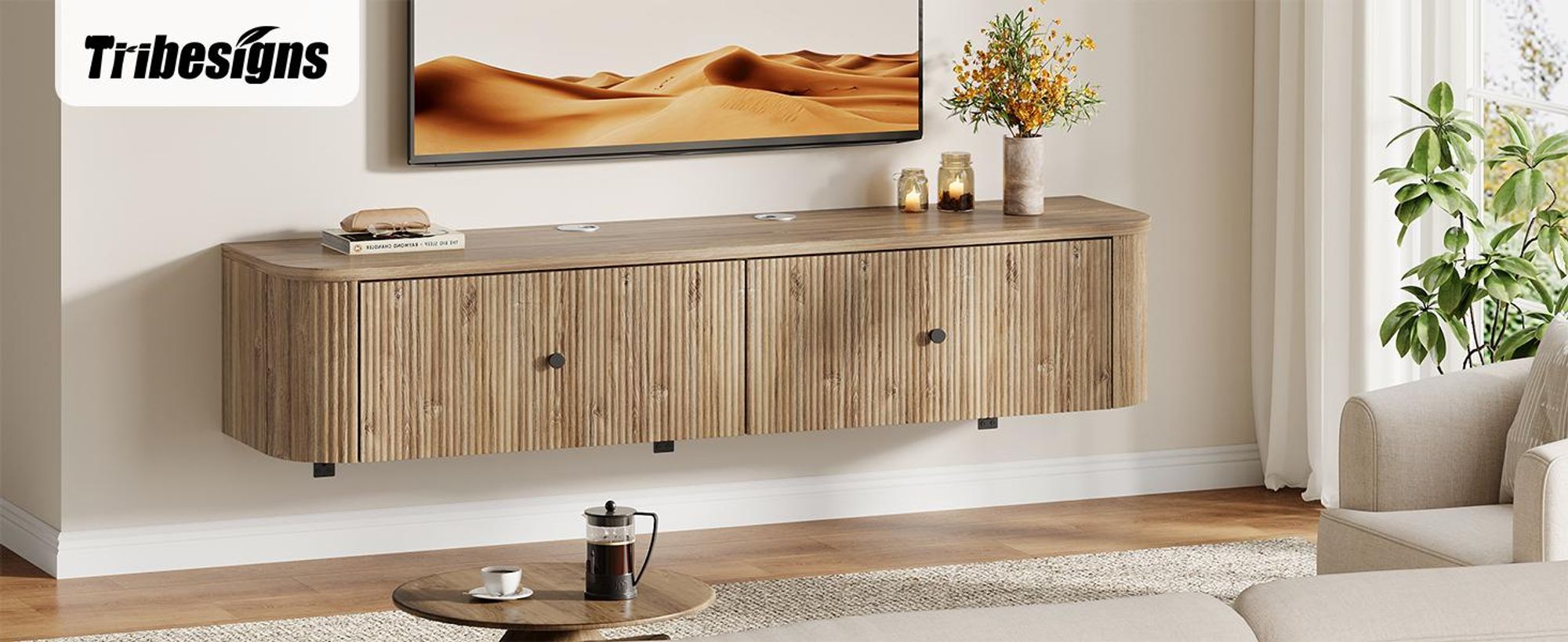 Tribesigns Schwebe-TV-Board zur Wandmontage, 140 cm TV-Wandkonsole mit 2 geriffelten Schubladen, modernes schwebendes Medienboard für Wohnzimmer