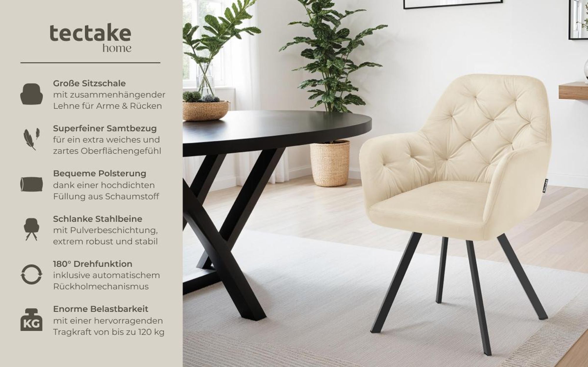 tectake® Drehbarer Samt-Armlehnstuhl Lucia gepolstert, mit Steppmuster 58 x 58 x 87 cm