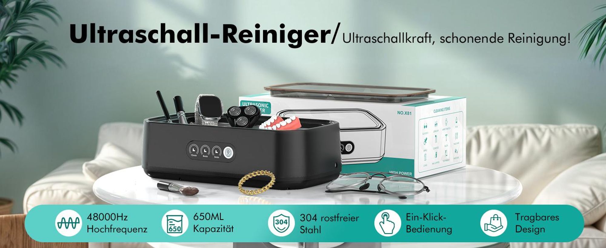 Ultraschallreiniger, Ultraschallreinigungsgerät, 650ml 48.000Hz Ultraschallgerät, 360° Tiefenreinigung, für Gläsern, Schmuck, Zahnersatz