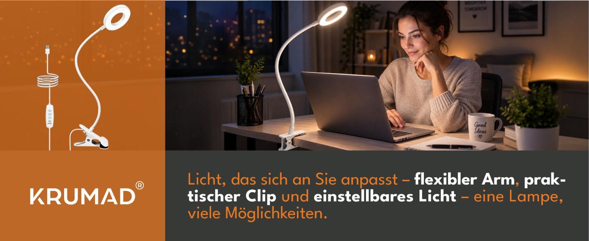 KRUMAD Leselampe, Leselampe mit Klemme, LED Klemmleuchte für Bett und Schreibtisch, 48 LEDs, 3 Lichtmodi, 10 Helligkeitsstufen, USB, Weiß